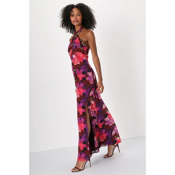 NEW NWT Lulus Forever Gorgeous Burgundy Multi Floral Print Halter Maxi Dress - Picture 3 of 9